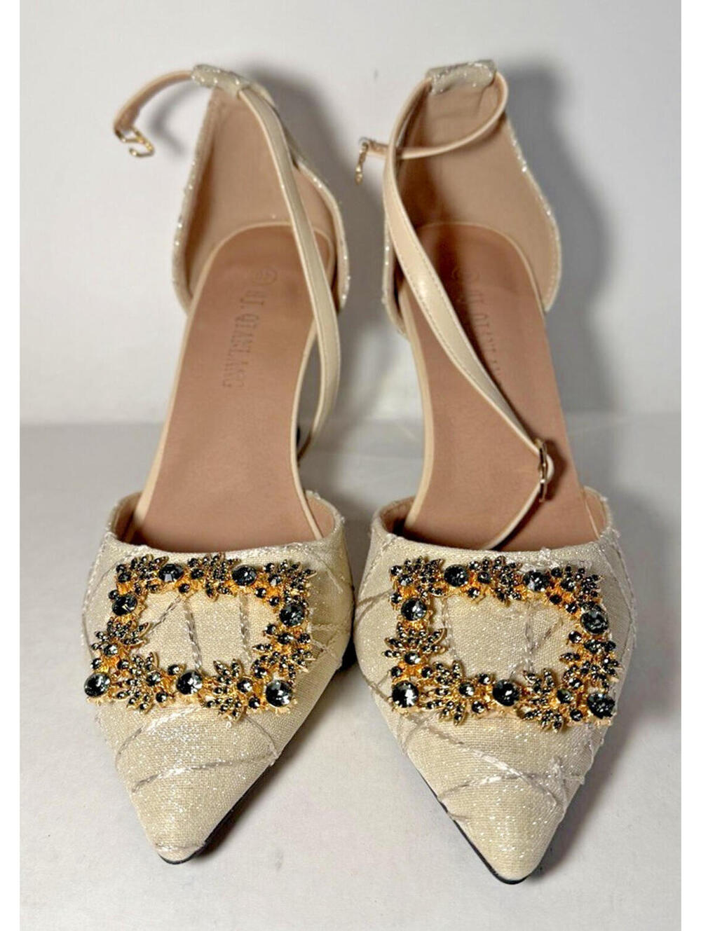 Pointed Toe Chunky Heels Rhinestone Ankle Strap Tan/Black